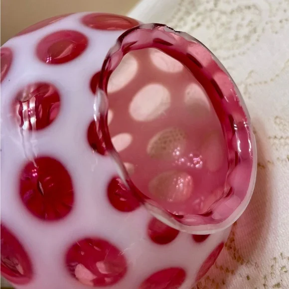 Vintage Fenton Opalescent Coin Dot Cranberry Boudoir Glass Lamp Light PAIR Marbl - Picture 12 of 16